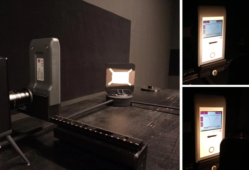 Spectrometer directly in front of the LED to characterize the source. Left directly in front of the LED, right with 45° rotated LED Spectrometer directly in front of the LED to characterize the source. Left directly in front of the LED, right with 45° rotated LED